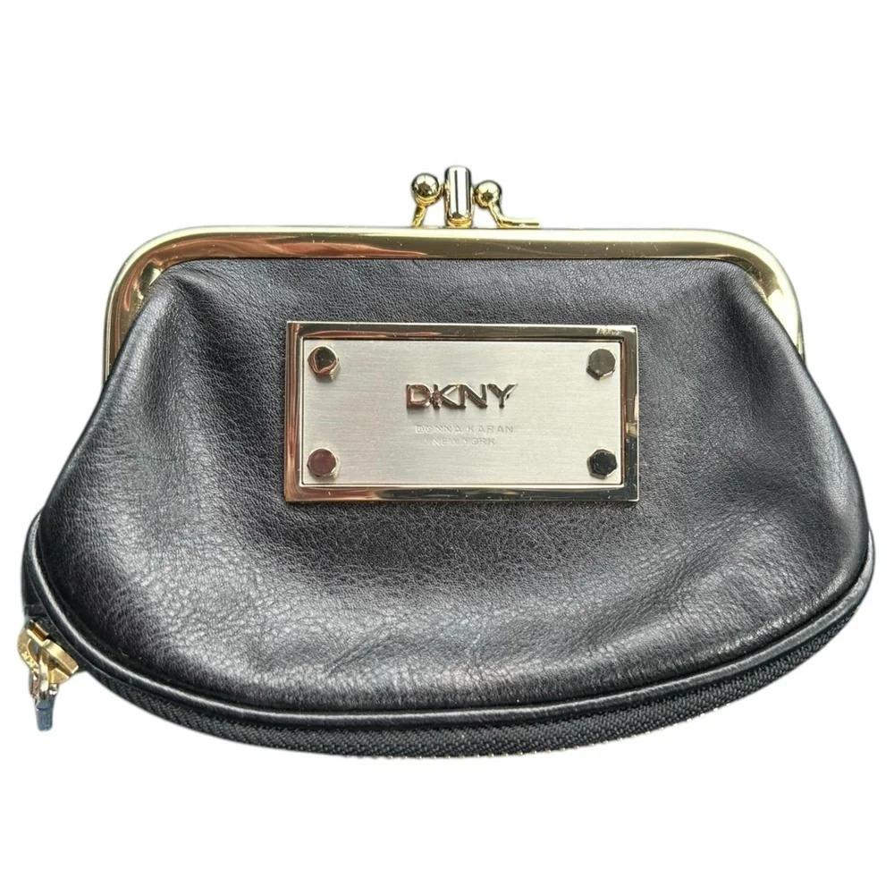 DKNY Town & Country Classic Double Frame Coin Purse Black Leather - Picture 1 of 6